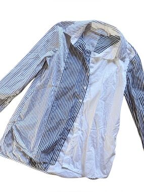 Anthropologie harshman cotton Striped White & Navy Long-Sleeve Button Shirt Sz m